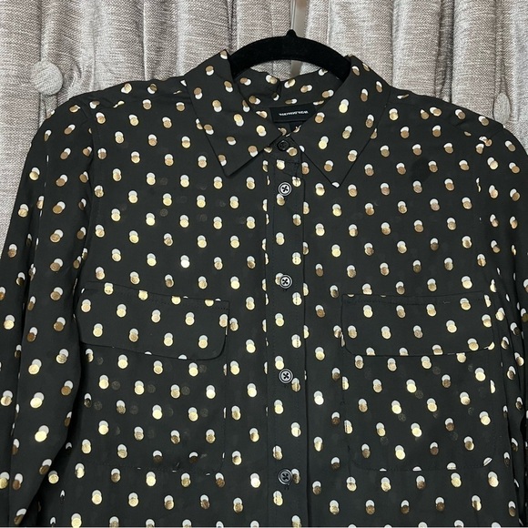 NWT Who What Wear Black Button Down Shirt with Gold & White Polka Dots Medium - Picture 2 of 14